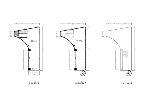 办公空间 出租在Khlong Toei, Bangkok - 平面图展示两层各95㎡的办公室与屋顶布局及尺寸标注。