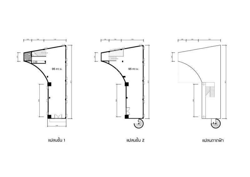 办公空间 出租在Khlong Toei, Bangkok - 平面图展示两层各95㎡的办公室与屋顶布局及尺寸标注。