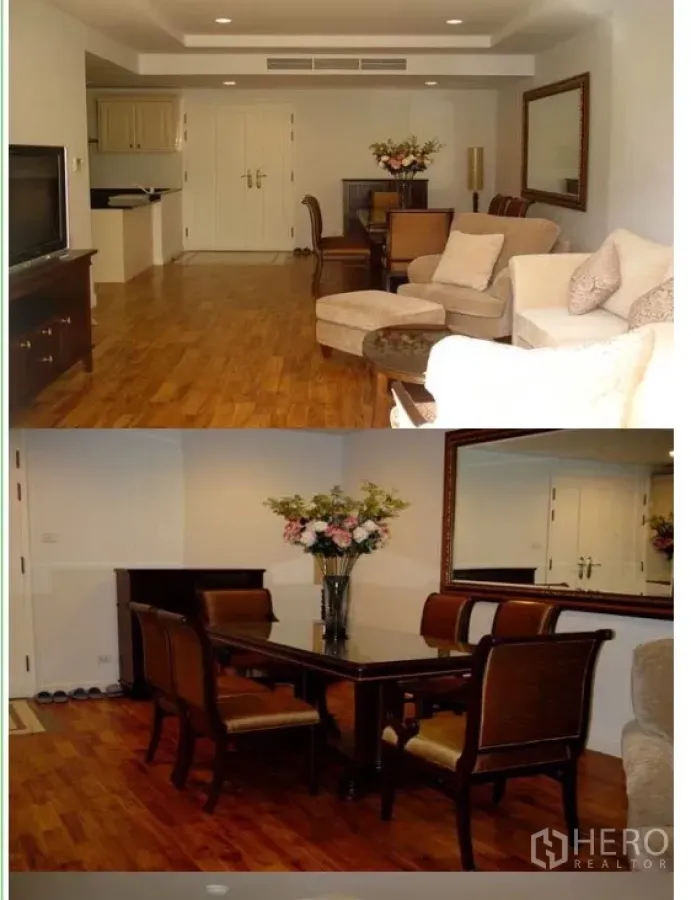 Condominium for rent or sale in Sathon, Bangkok - Bright living and dining area with hardwood floors, cream sofas, large mirror and recessed lighting at Baan Nunthasiri in Sathon, Bangkok.