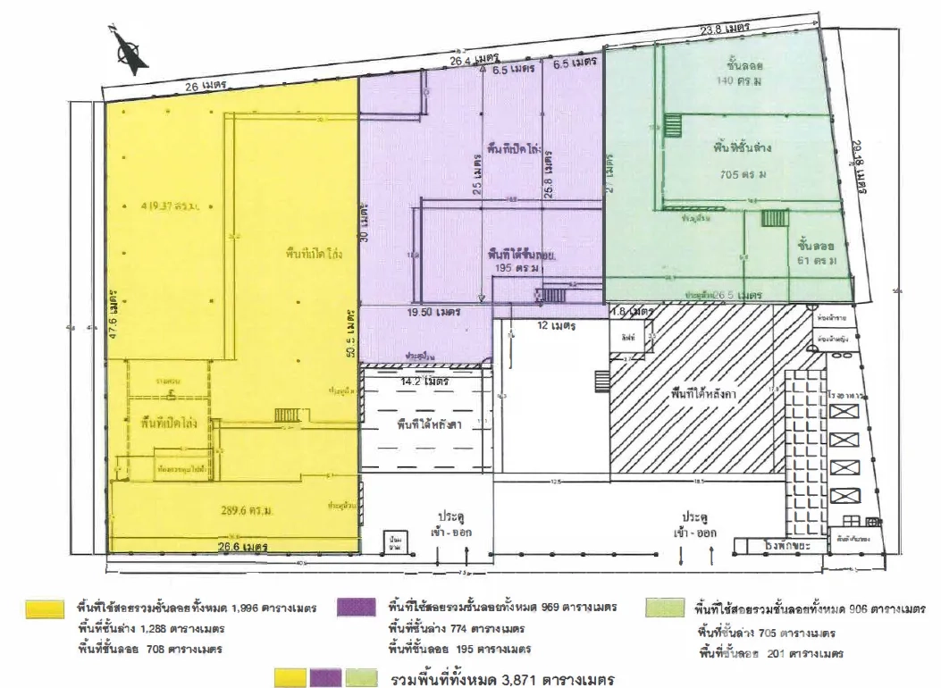 工厂 出租在Yan Nawa, Bangkok - 彩色区块的平面图，显示可分租的布局