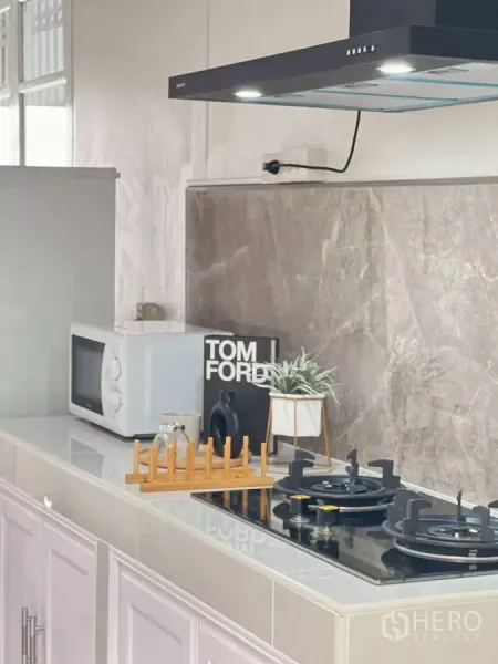 บ้าน ให้เช่าในHuai Khwang, Bangkok - ภาพระยะใกล้เคาน์เตอร์ครัว เตาแก๊ส เครื่องดูดควัน และกระถางต้นไม้เล็ก