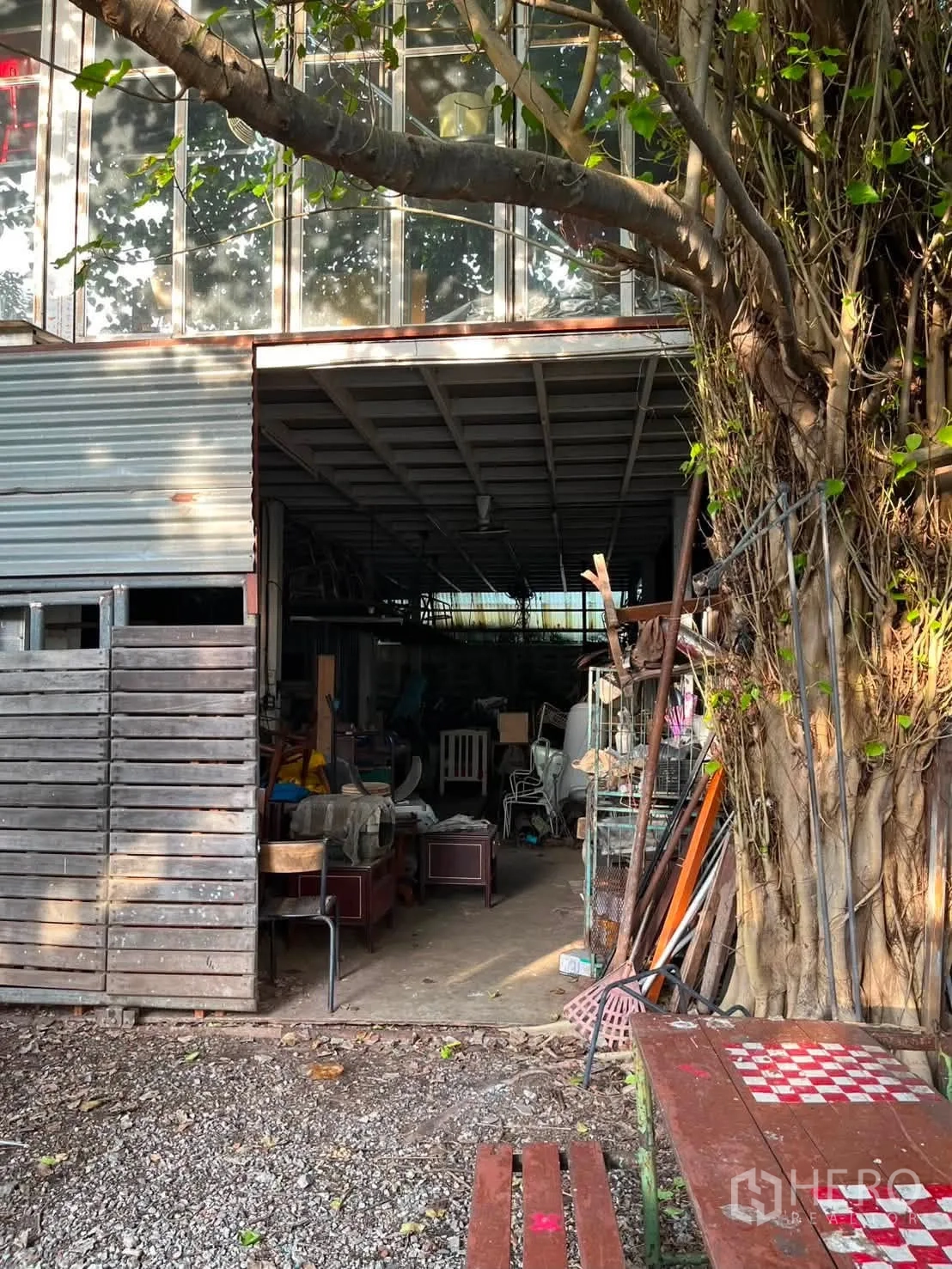 โกดัง for rent in Watthana, Bangkok - ทางเข้าเวิร์กช็อปชั้นล่างข้างต้นไม้ใหญ่และพื้นโรยกรวด