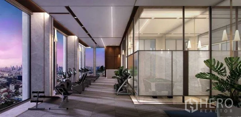 Condominium for sale in Sathon, Bangkok - Fitness center with cardio equipment and full-height windows facing the city skyline.