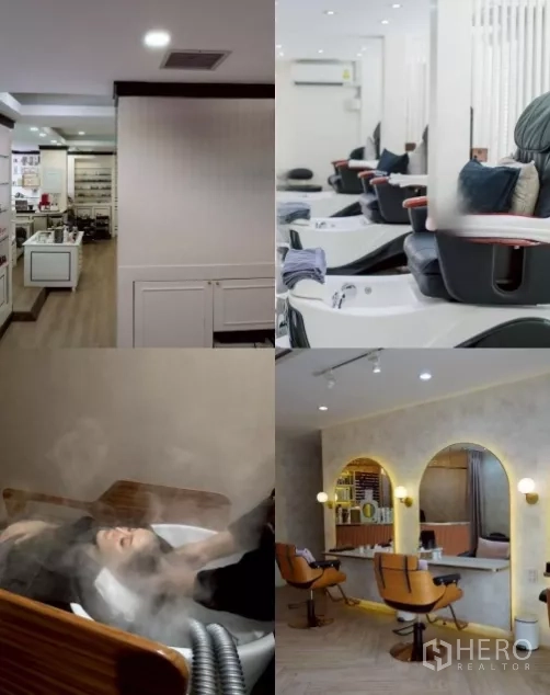 พื้นที่ขายปลีก ให้เช่า - ภาพรวมหลายมุม แสดงชั้นสินค้า อ่างสปาเท้า โซนสระ และโต๊ะทำผม