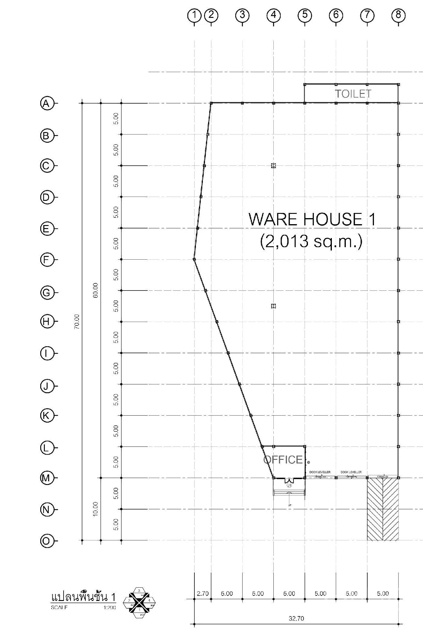 Factory for rent in Si Racha, Chon Buri - Factory floor plan showing 2,013 sqm warehouse area with office and toilet layout.