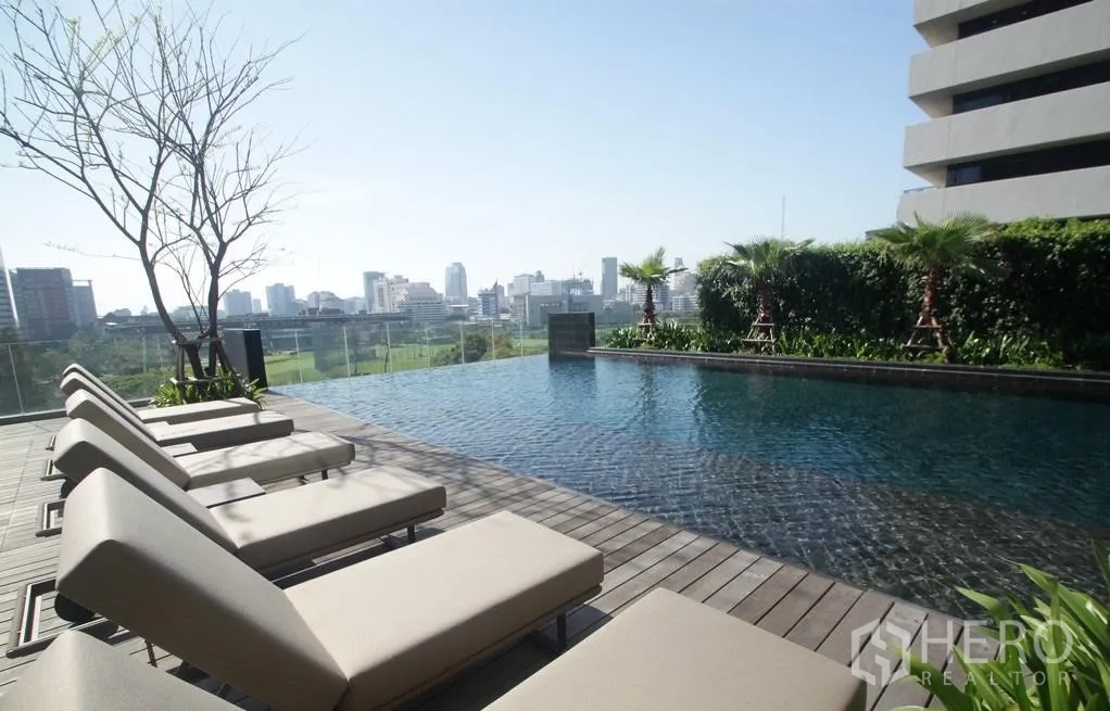 คอนโด ให้เช่าในPathum Wan, Bangkok - สระว่ายน้ำพร้อมเตียงอาบแดดและวิวเมืองหลังราวกันตกกระจก