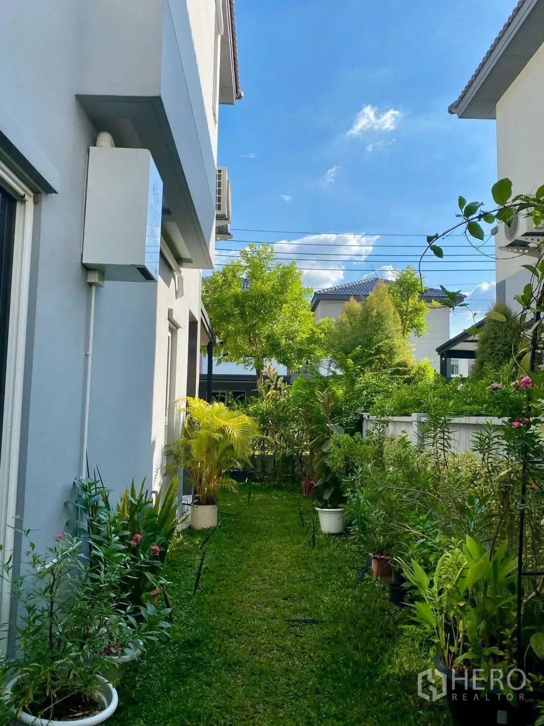 Semi-detached House for rent in Bang Phli, Samut Prakan - Side yard with grass lawn and rows of potted plants along the fence.