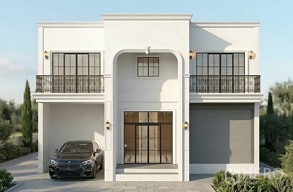 Warehouse for sale in Bang Bua Thong, Nonthaburi - Two-storey home office warehouse facade with balconies, roller shutter door, covered carport and paved driveway.