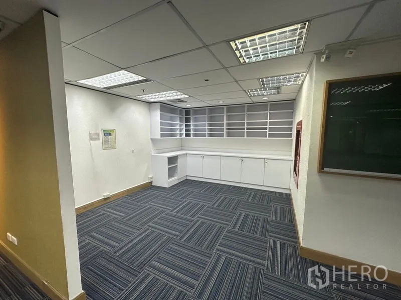 Office Space for rent in Khlong Toei, Bangkok - File or print room with built-in shelves and white base cabinets.