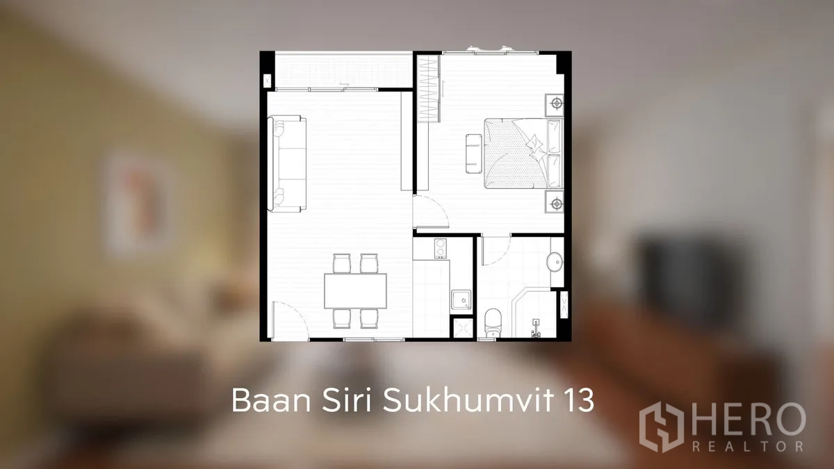 Condominium for sale in Watthana, Bangkok - One-bedroom condo floor plan showing open living-dining area, separate kitchen, bedroom, and bathroom.