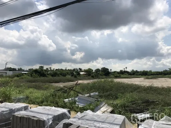 Land for sale in Mueang Pathum Thani, Pathum Thani - Open plot with natural grass, stacked construction materials, and expansive cloudy sky over Pathum Thani.