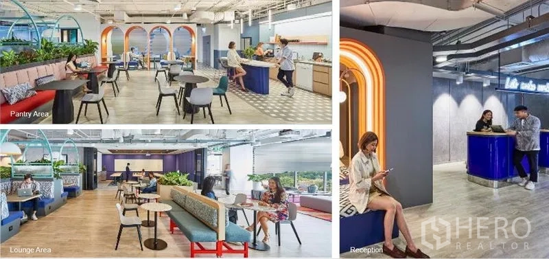 สำนักงาน ให้เช่าในUthai, Phra Nakhon Si Ayutthaya - โซนเลานจ์ แพนทรี และรีเซ็ปชันโคเวิร์คกิ้งดีไซน์สีสัน พร้อมพื้นที่สีเขียว