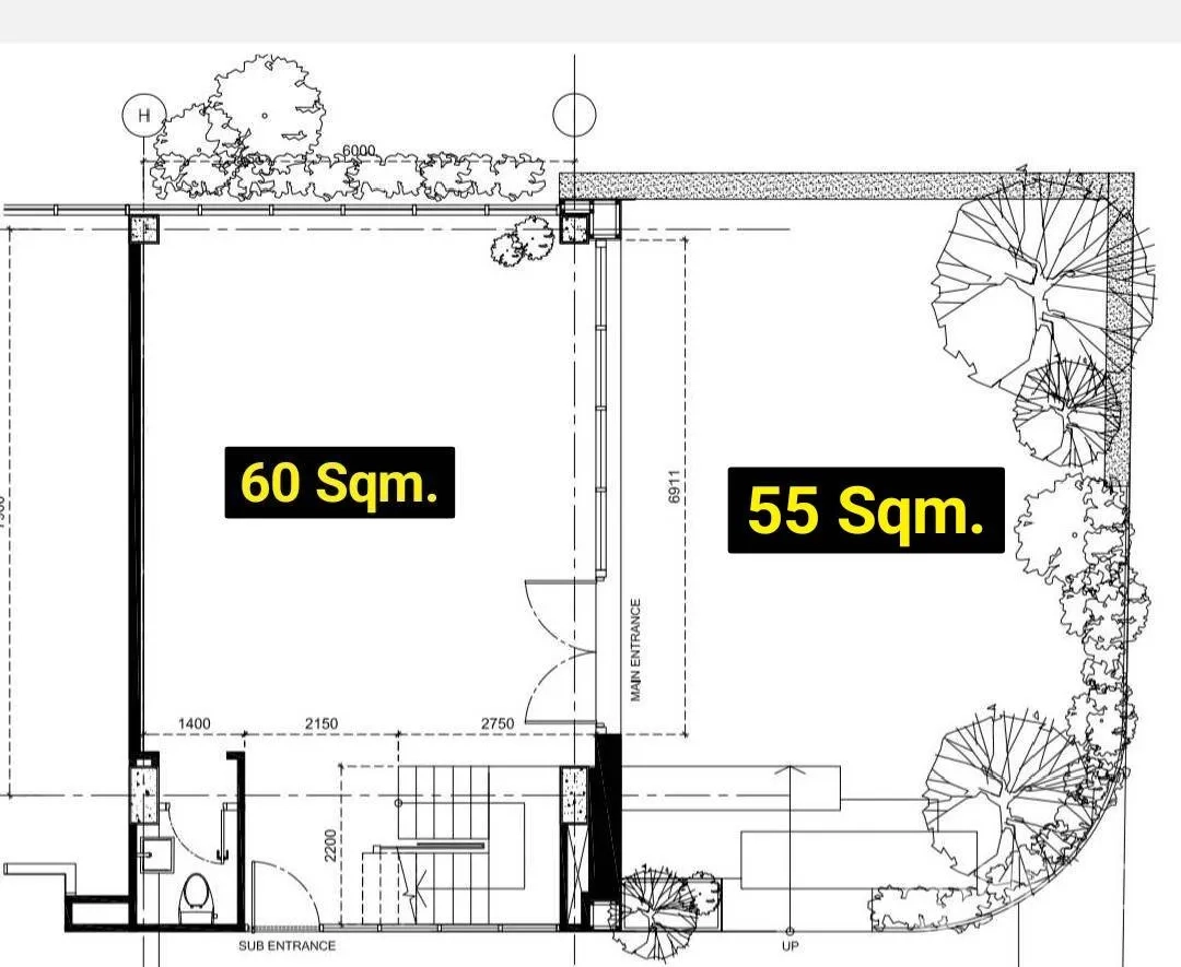 พื้นที่ขายปลีก ให้เช่าในWatthana, Bangkok - ผังชั้นล่างพื้นที่ภายใน 60 ตร.ม. และเทอเรซภายนอก 55 ตร.ม.