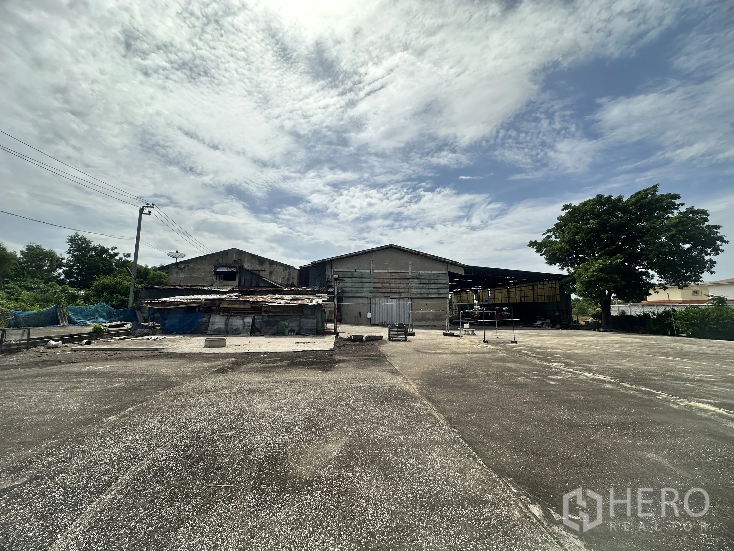 โรงงาน for sale in Sai Noi, Nonthaburi - ลานคอนกรีตกว้างหน้าตัวอาคารโรงงาน พร้อมต้นไม้ใหญ่