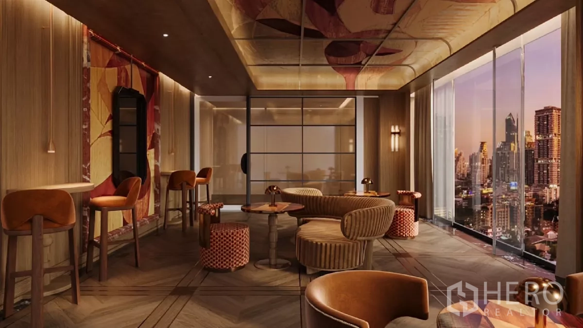 Apartment for rent in Khlong Toei, Bangkok - Private club room with warm-toned seating, wood finishes and floor-to-ceiling city-view windows.