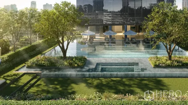 Apartment for rent in Khlong Toei, Bangkok - Sunlit outdoor swimming pool with sun loungers, umbrellas and landscaped gardens at a modern apartment in Bangkok.