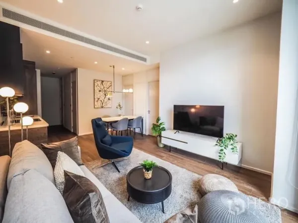 คอนโด ให้เช่าในPathum Wan, Bangkok - มุมนั่งเล่นพร้อมทีวี ติดหน้าต่างบานใหญ่ ชุดทานอาหาร และพื้นไม้ ใกล้ BTS ราชดำริ