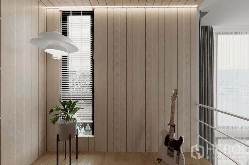 บ้าน ให้เช่าในSaphan Sung, Bangkok - มุมชั้นลอย หน้าต่างแนวตั้ง โคมแขวน กระถางต้นไม้ และกีตาร์