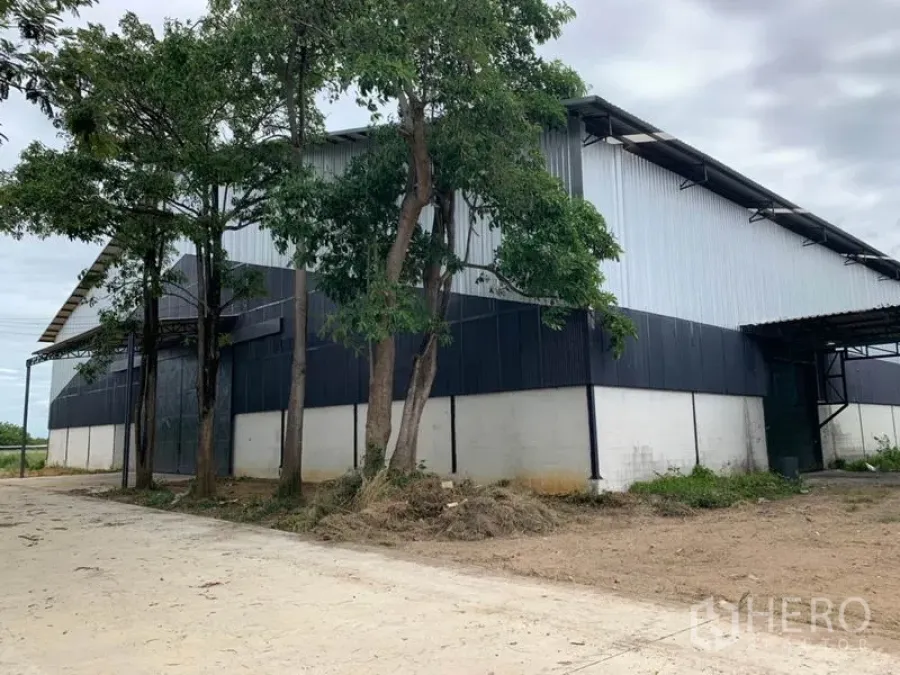 โรงงาน ให้เช่าในChon Buri - อาคารโรงงานโครงสร้างเหล็กด้านนอก มีต้นไม้และทางคอนกรีต ใต้ท้องฟ้ามีเมฆ