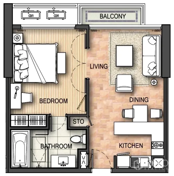 公寓 出租在Khlong Toei, Bangkok - 一居室户型图，带阳台，客餐厨一体布局。