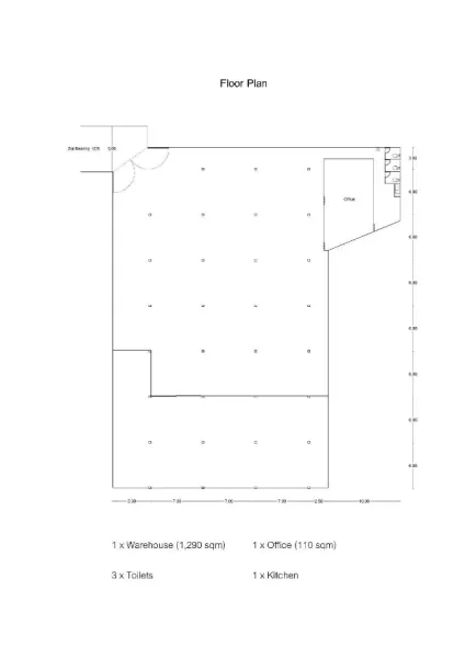 คลังสินค้า ให้เช่าในMueang Samut Prakan, Samut Prakan - ผังอาคารแสดงโกดัง 1,290 ตร.ม. ออฟฟิศ 110 ตร.ม. ห้องน้ำ 3 ห้อง และพื้นที่ครัว