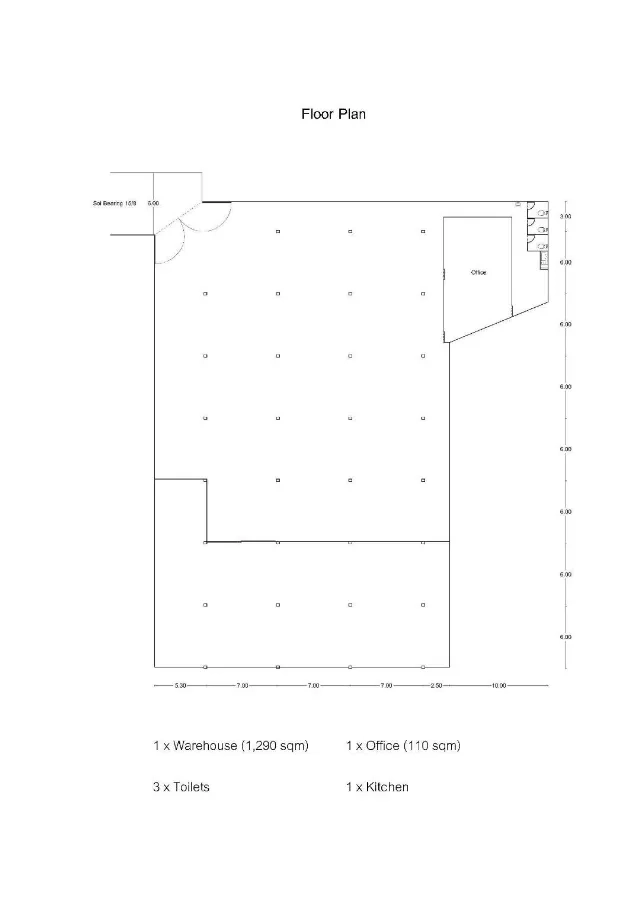 คลังสินค้า ให้เช่าในMueang Samut Prakan, Samut Prakan - ผังอาคารแสดงโกดัง 1,290 ตร.ม. ออฟฟิศ 110 ตร.ม. ห้องน้ำ 3 ห้อง และพื้นที่ครัว