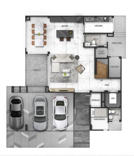 Detached House for rent in Suan Luang, Bangkok - Ground floor plan showing open-plan living, dining, kitchen and multi-car parking layout of the house.