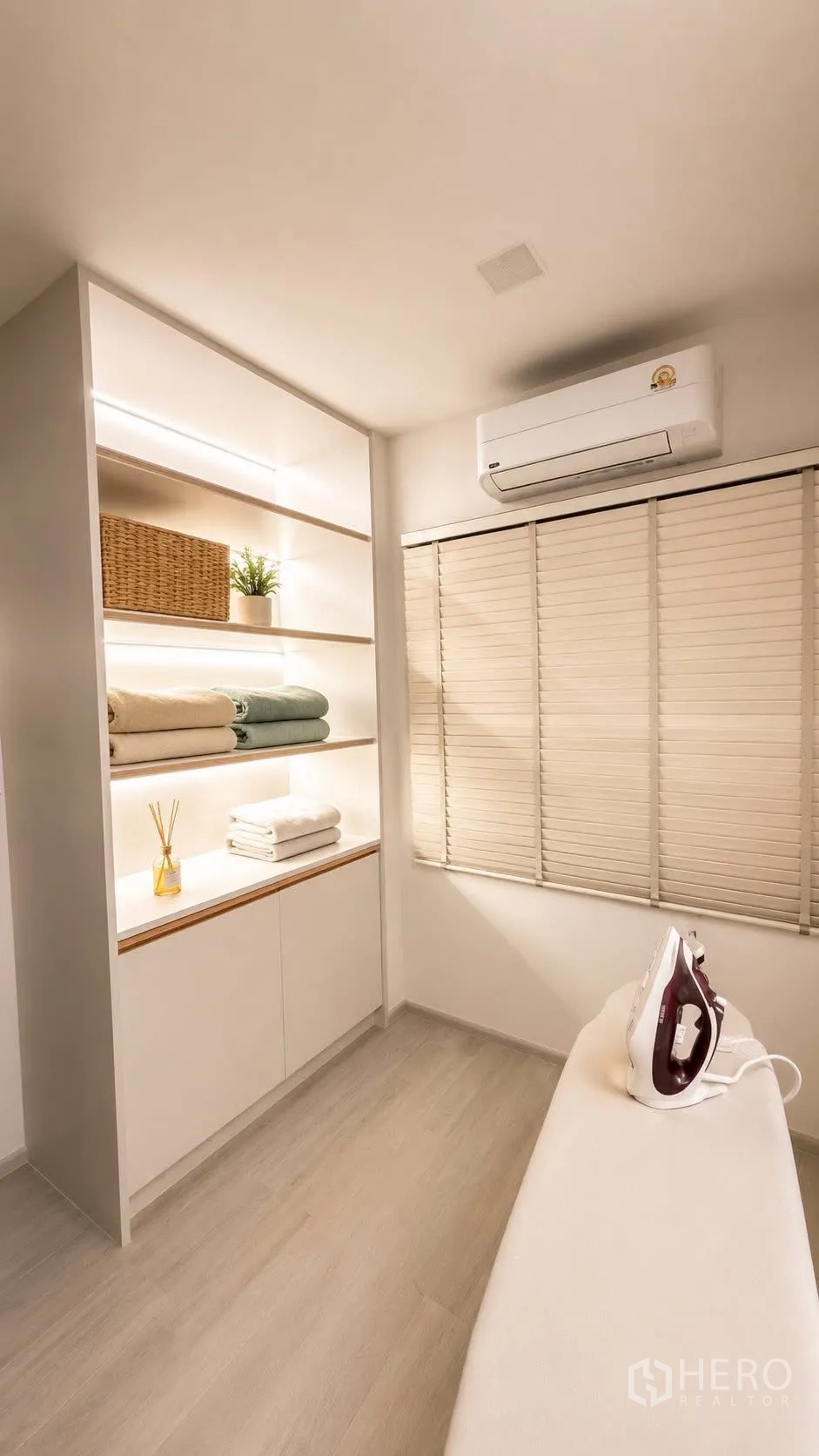 Detached House for rent or sale in Bang Phli, Samut Prakan - Utility room with illuminated shelves, towels, ironing board, and wall-mounted air conditioner.