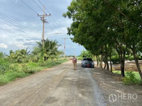 Land for sale in Nakhon Chai Si, Nakhon Pathom - Rural access road with electricity poles and tree shade leading to the land in Nakhon Chai Si.