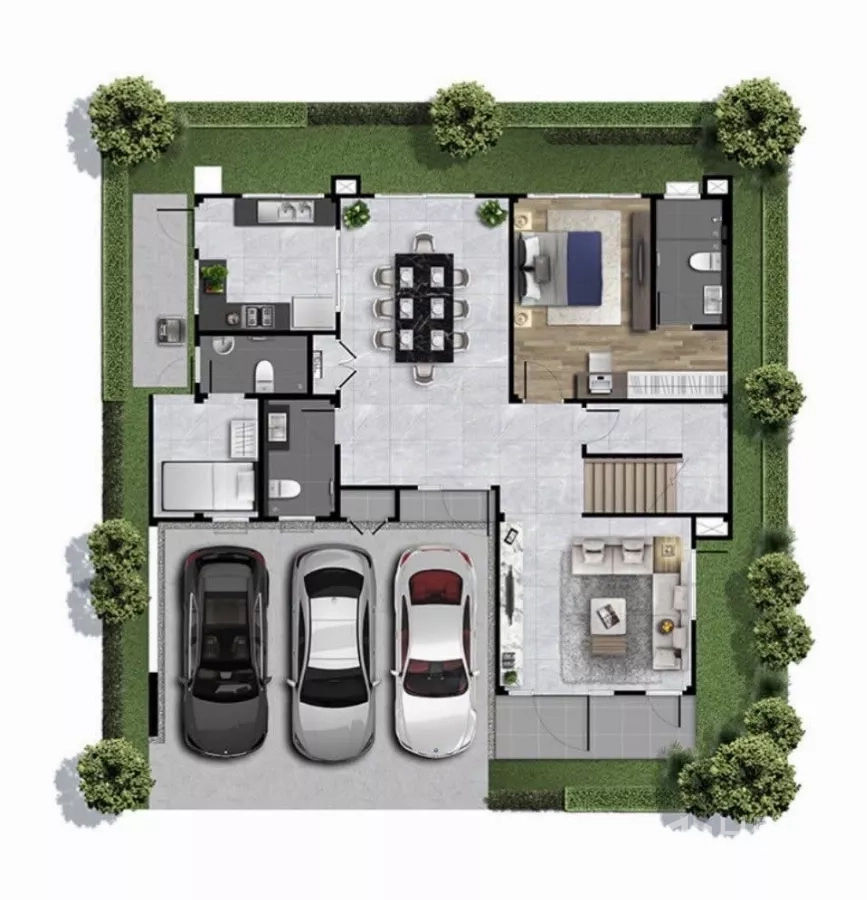 Detached House for rent in Bang Phli, Samut Prakan - Ground-floor plan showing living, dining, kitchen, guest suite and three-car garage.