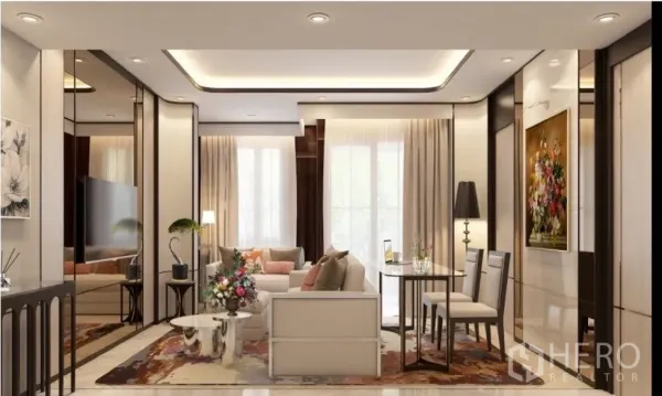 公寓 出租在Watthana, Bangkok - 现代客厅，灯带吊顶与大窗帘，镜面墙，沙发组合、茶几及小型用餐区。