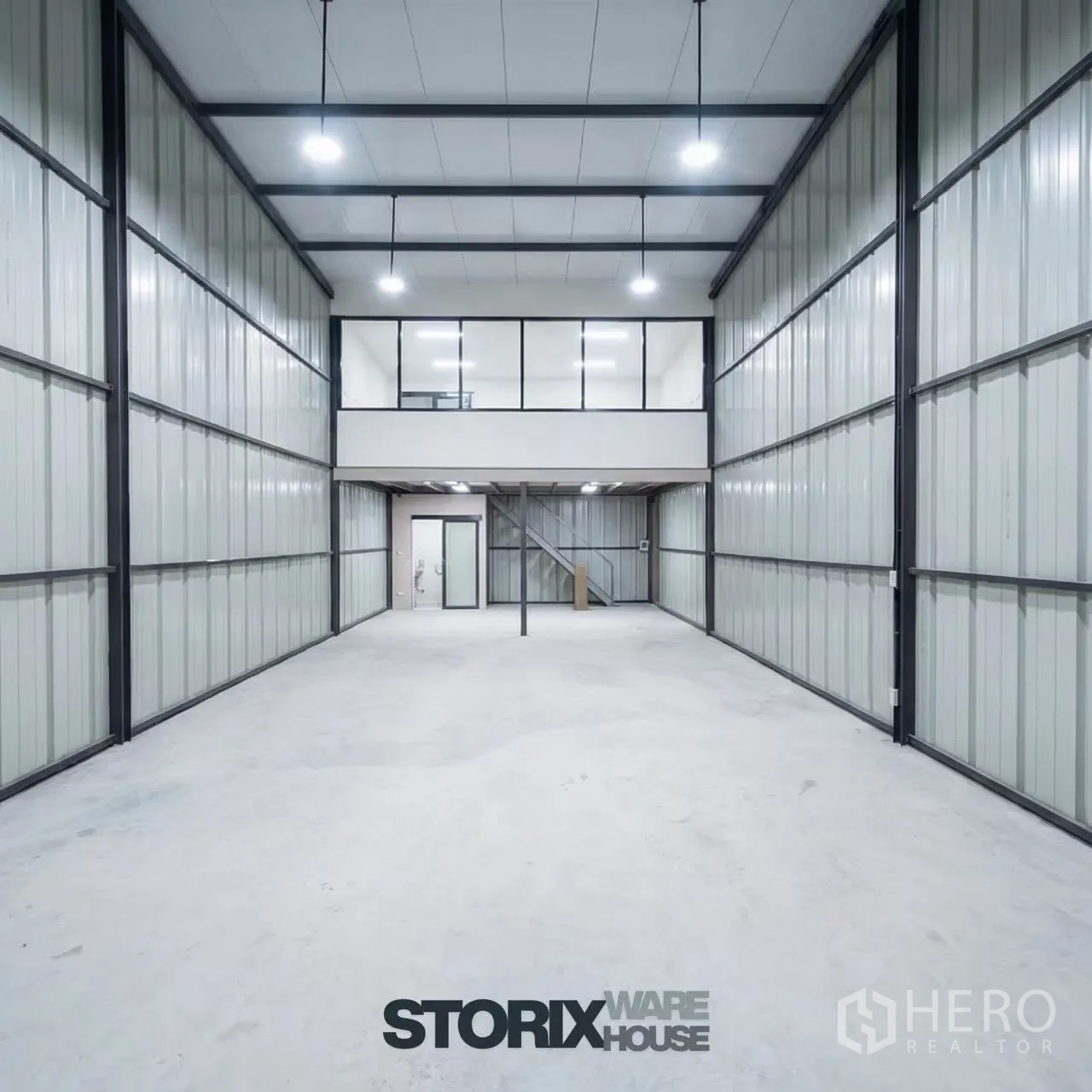 Warehouse for rent in Suan Luang, Bangkok - High-ceiling warehouse bay with concrete floor, LED lights, and a mezzanine glass-walled office.