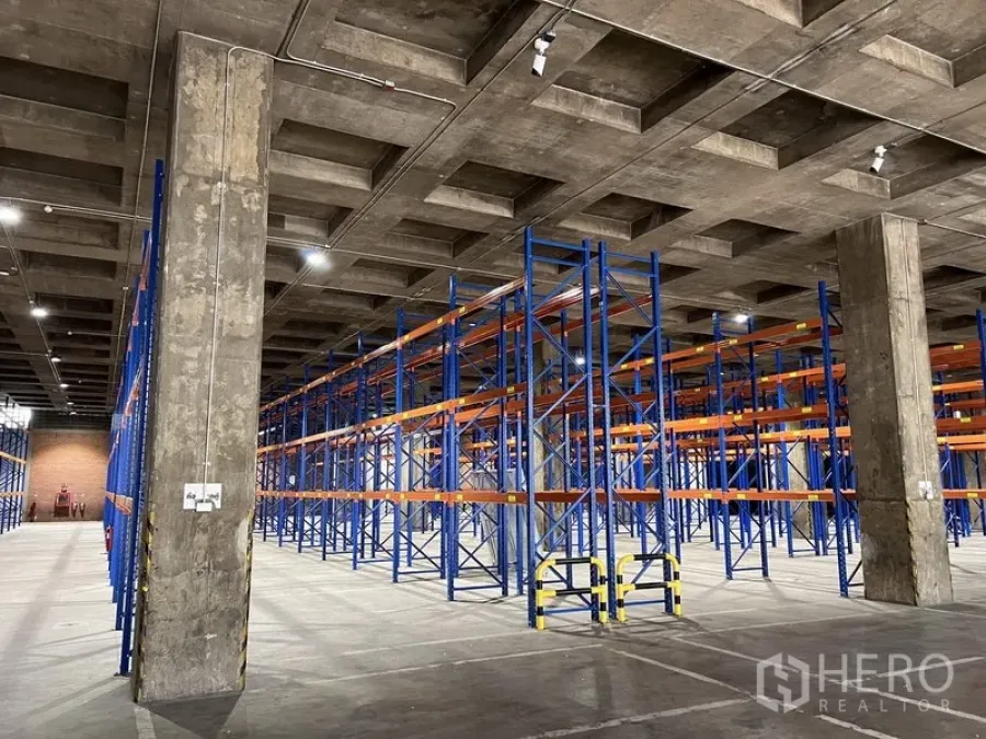 Warehouse for rent in Chatuchak, Bangkok - Rows of heavy-duty pallet racks beneath a coffered concrete ceiling inside a Chatuchak warehouse.