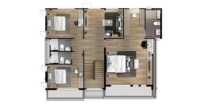 บ้าน ให้เช่าหรือขายในBang Khen, Bangkok - ผังชั้นบนประกอบด้วย 4 ห้องนอน พื้นที่นั่งเล่น ระเบียง และห้องน้ำ