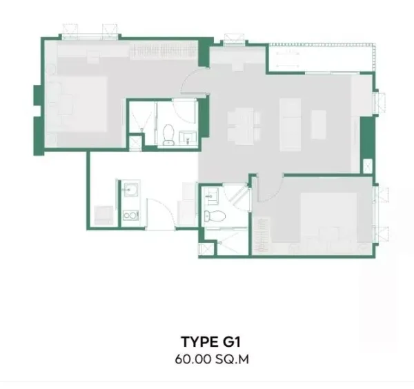 Townhouse for rent in Khlong Toei, Bangkok - Type G1 floor plan showing a 60 sq m, two‑bedroom, two‑bath layout.