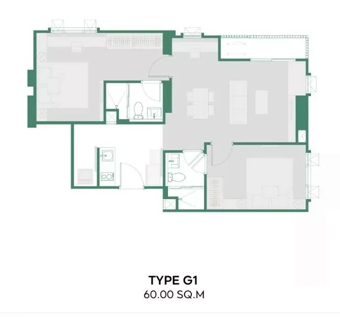 Townhouse for rent in Khlong Toei, Bangkok - Type G1 floor plan showing a 60 sq m, two‑bedroom, two‑bath layout.