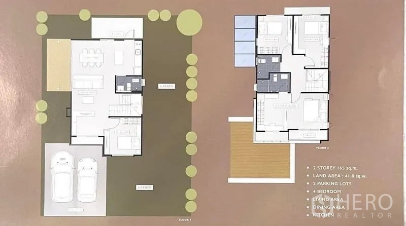 独立式住宅 出售 - 两层户型图，展示4卧3卫与2个停车位