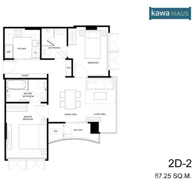 คอนโด ให้เช่าในWatthana, Bangkok - แปลนห้องคอนโด 2 ห้องนอน 2 ห้องน้ำ ขนาดประมาณ 67.25 ตร.ม. โครงการคาวะ เฮาส์