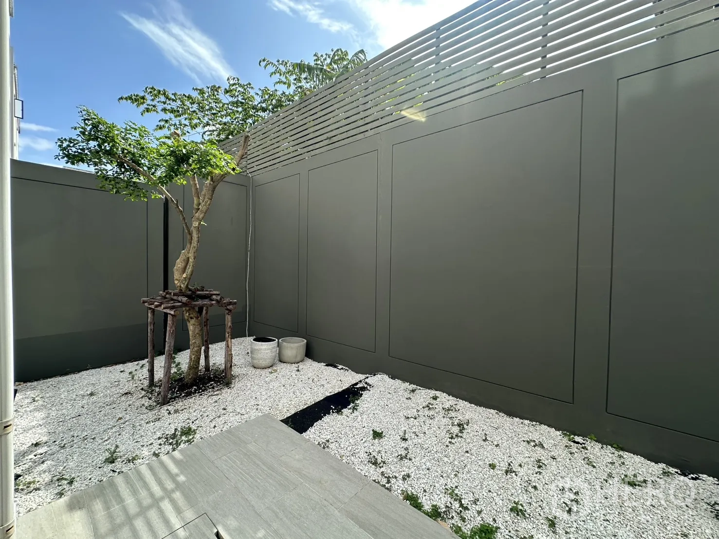 Home Office for rent or sale in Suan Luang, Bangkok - Private courtyard with privacy fence, white stones, and a young tree.