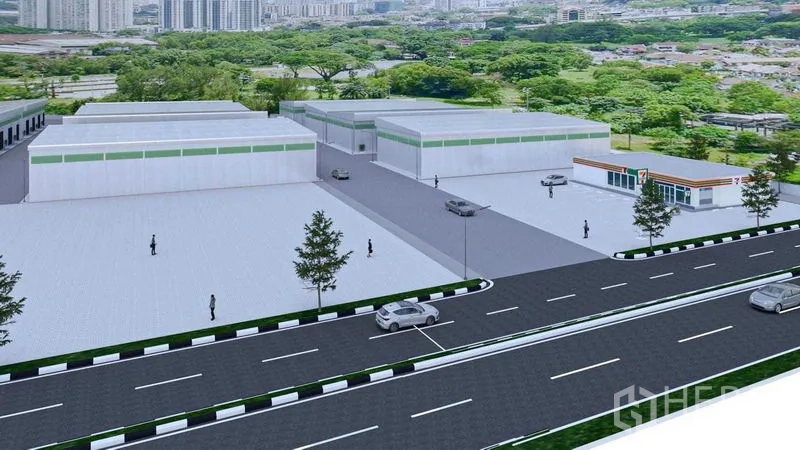 คลังสินค้า ให้เช่าในBang Phli, Samut Prakan - ภาพมุมสูงโครงการโกดัง ทางวิ่งภายใน พื้นที่จอดรถ และร้านสะดวกซื้อใกล้เคียง