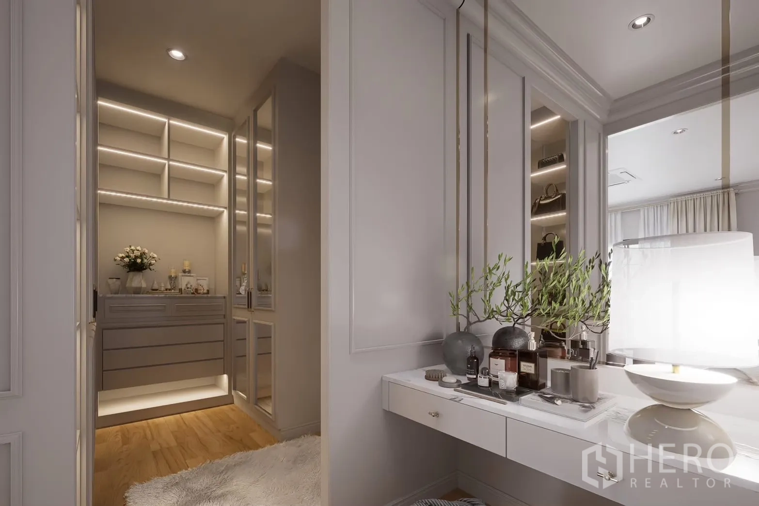 独立式住宅 出租在Bang Phli, Samut Prakan - 更衣区梳妆台与步入式衣帽间入口。