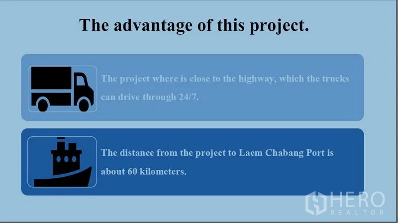 工厂 出租在Mueang Rayong, Rayong - 信息图显示临近高速，卡车24小时通行，距廉差邦港约60公里。