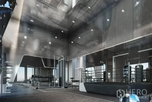 คอนโด ให้เช่าในHuai Khwang, Bangkok - สกายยิมเพดานสูงพร้อมเวทีมวย อุปกรณ์เวต และวิวเมือง