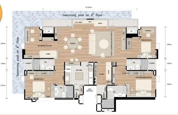 公寓 出租在Bang Rak, Bangkok - 151平米三卧四卫公寓户型图，含八楼游泳池与开放式客餐厅。