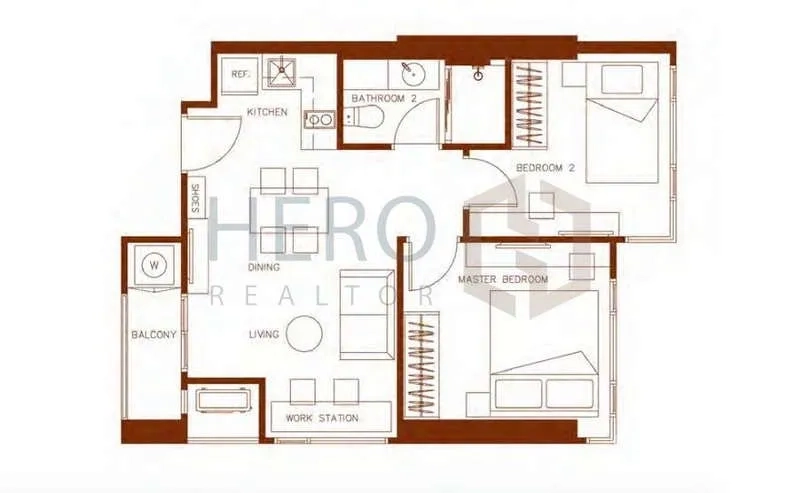 Condominium for rent or sale - 51 sqm two-bedroom floor plan layout of the XT Huaikhwang condominium.