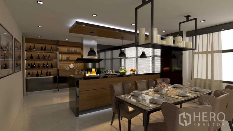 Shophouse for rent in Khlong San, Bangkok - Dining area and open kitchen with island, pendant lighting and display shelving.