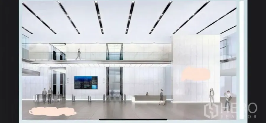 สำนักงาน ให้เช่าในBang Phli, Samut Prakan - โถงลิฟต์ร่วมสมัย มีประตูกั้นความปลอดภัย ไฟเส้นแนวยาว และทางเดินชั้นลอยกระจก.