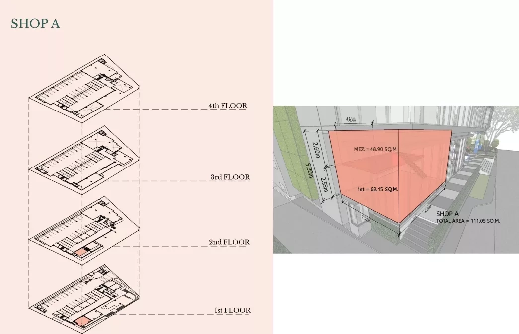 独立商业地产 出售在Watthana, Bangkok - 店铺A位置与三维体量尺寸示意图。