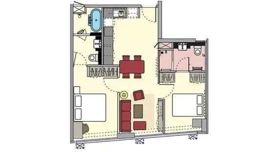 Apartment for rent in Watthana, Bangkok - Floor plan of a two-bedroom, two-bath 67 sqm apartment with open kitchen and living area.