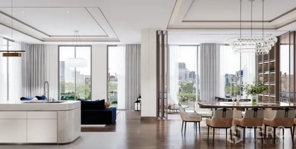 公寓 出售在Watthana, Bangkok - 餐厅与起居空间连通现代厨房，大幅窗景框出曼谷天际线。